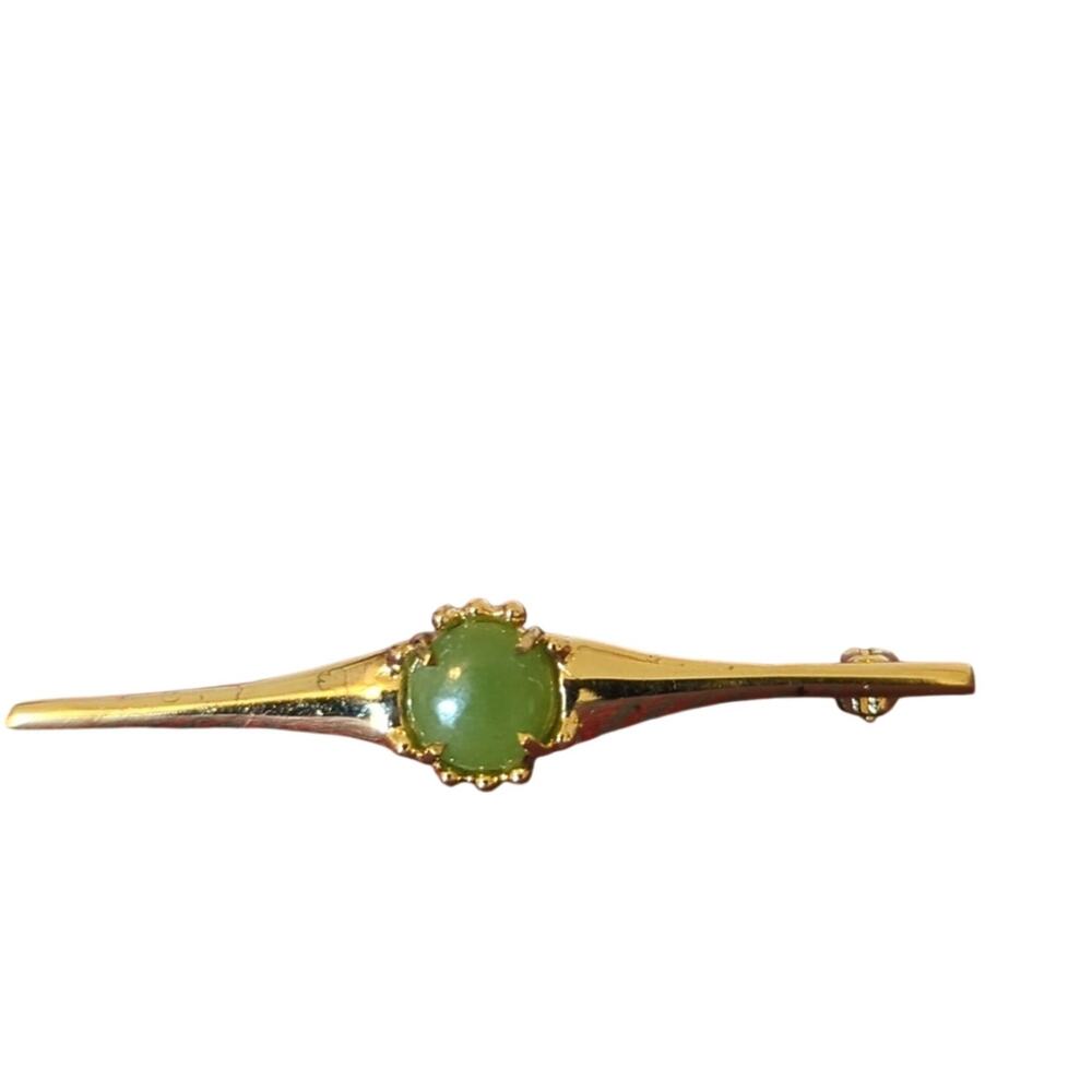 Green Stone Gold Tone Bar Pin